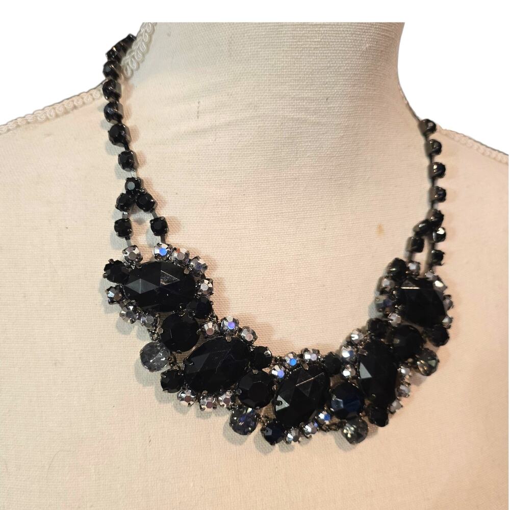 Vintage Necklace Statement Bib Faceted Black Rhinestone Adjustable Chunky Glam